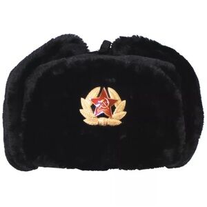 Russian Winter Fur Hat USCHANKA Black / Badge - Brand New
